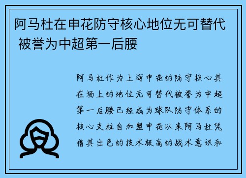 阿马杜在申花防守核心地位无可替代 被誉为中超第一后腰